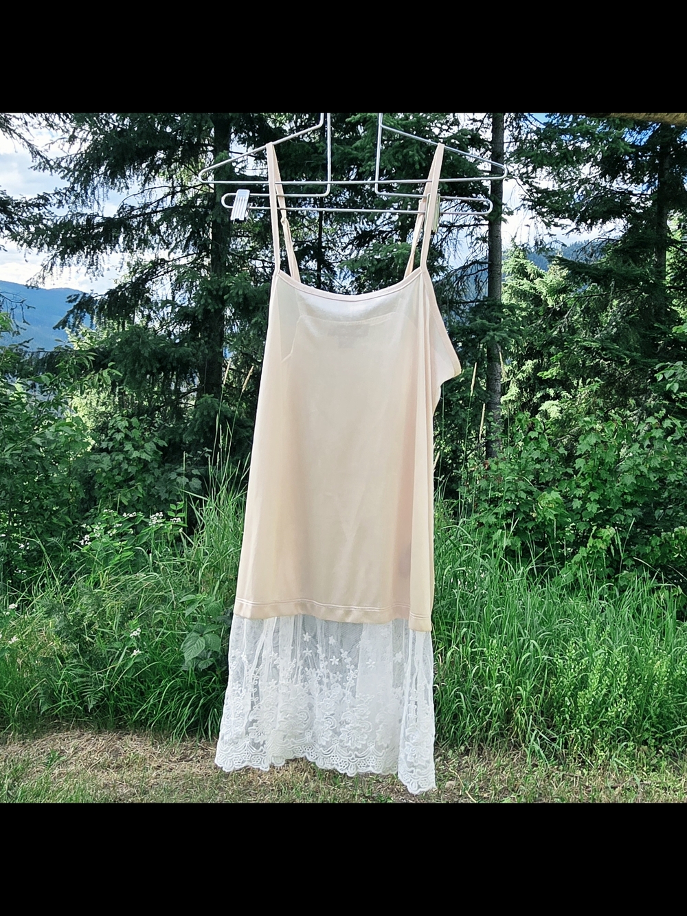 Vintage Cream Blush Lace Trim Spaghetti Strap Slip Dress Mini